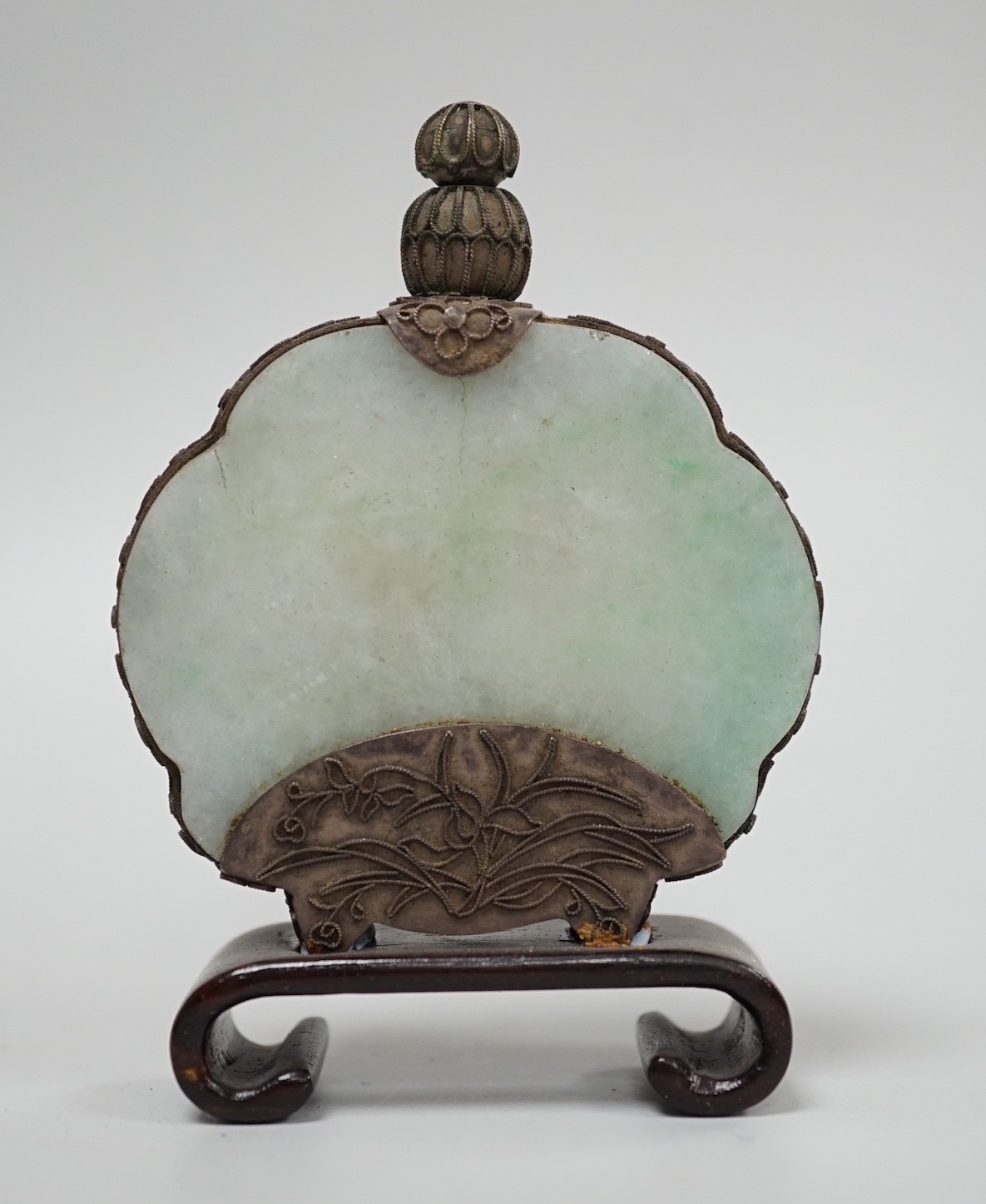 A Chinese jadeite and silver filigree mounted snuff bottle, 20th century